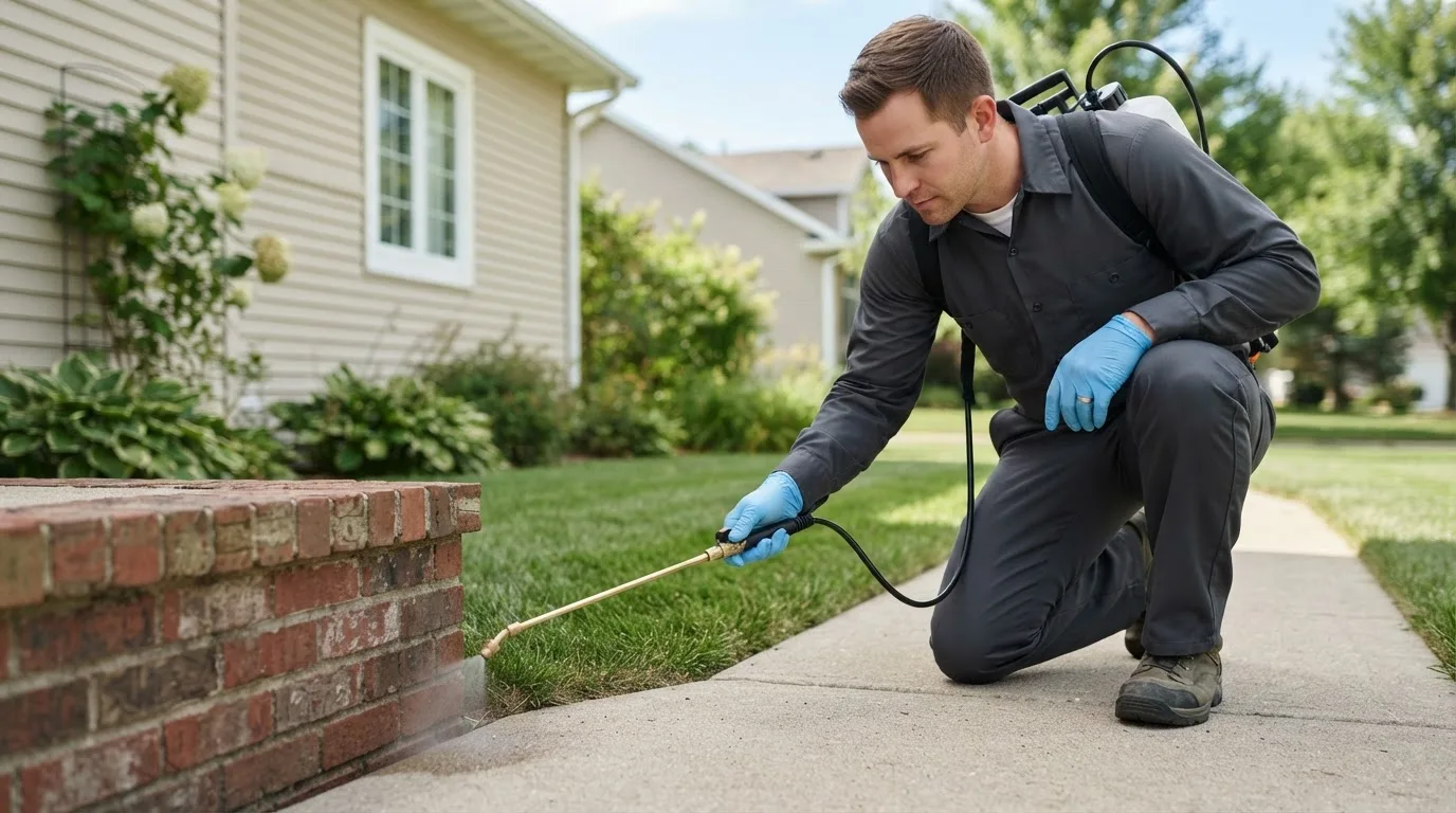 Pest control technician treating a home near Hebron, IN